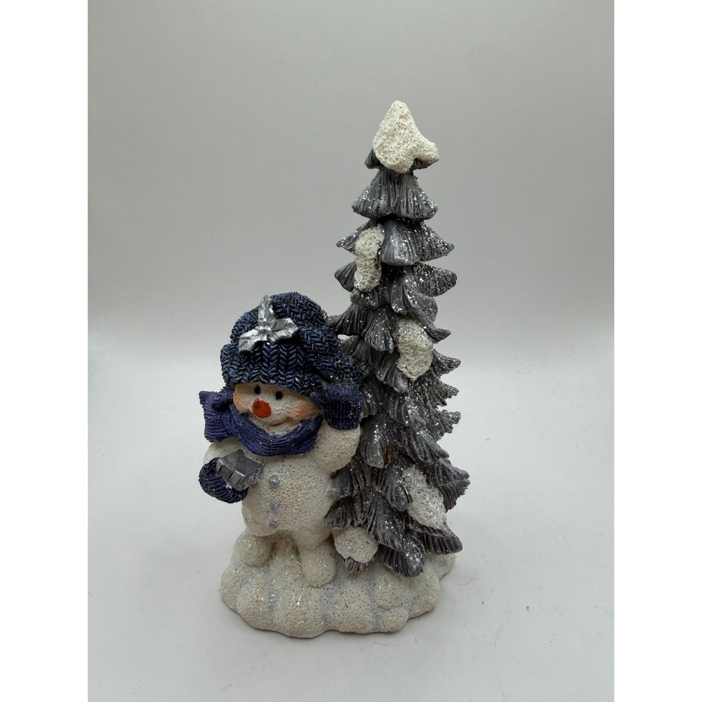 Home Interiors Snowman Figurine with Tree Navy Blue Scarf Glitter Holiday Decor